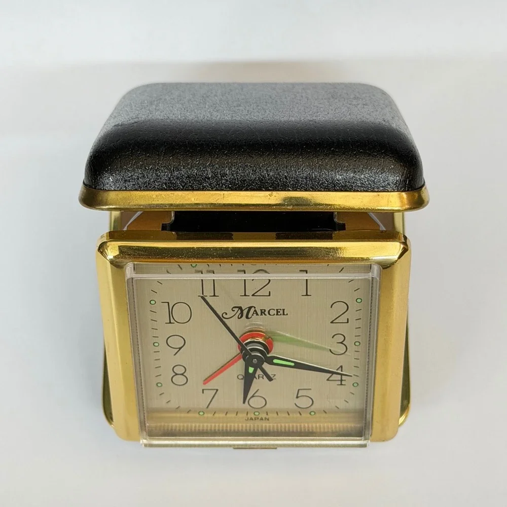 Vintage Marcel Folding Travel Alarm Clock Quartz Japan Black Gold Case Retro
